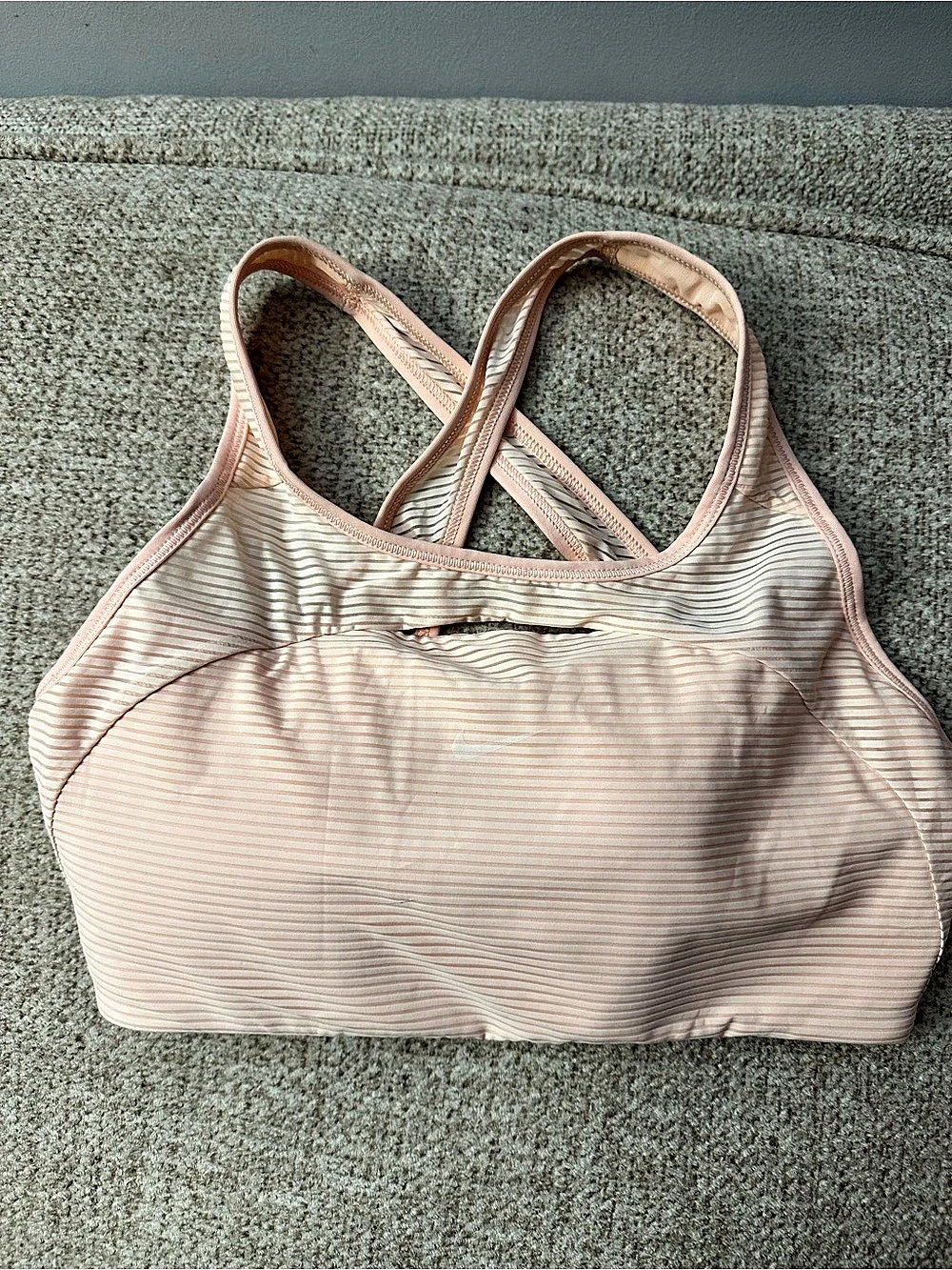 Nike Dri-FIT Indy Shadow Stripe Sports Bra Striped Athletic Tank in Pink & White